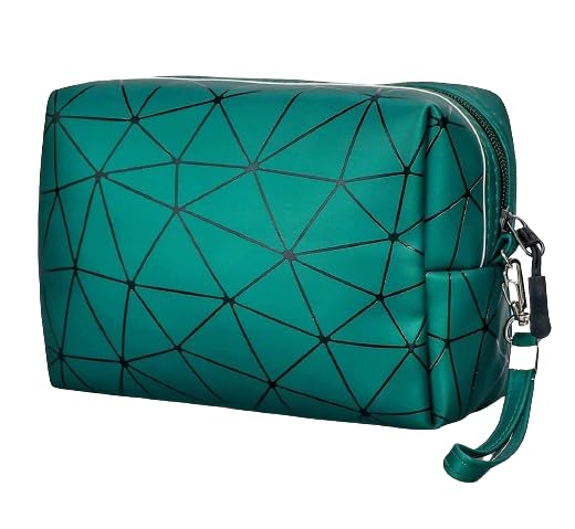Image of Sunesh Creation Large Capacity Cosmetic Travel Bag, Women's Makeup Travel Bag Portable Leather Cosmetics Bag, Makeup Storage Bags with Handle and Divider, Makeup Bag - Green