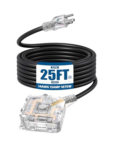 DEWENWILS 25FT Heavy Duty Outdoor Extension Cord, 6-Outlet with On/Off Switch & Waterproof Silicone Cover, 14AWG SJTW, Black Power Cord for Workshop Tool, Electrical Equipment, 15A/125V/1875W