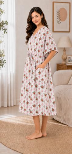 Image of Noty Women's- Kaftan | Maxi | Maternity | Feeding | Delivery Gown- Cotton Fabric- V Neck | Floral Print | 2 Pockets | Midi