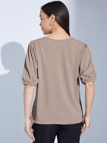 Image of Selvia Textured Lycra Plain Regular fit Round Neck Balloon Sleeve Stylish