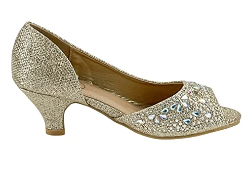 Image of Girls Fashion Kitten Heels - Glittering Rhinestone Dress Shoes for Kids - Peep Toe Low Pump Sandals for Fancy Events - Great for Weddings, Pageants, Church, and More