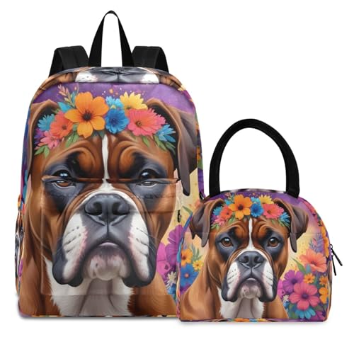 Backpack Lunch Box Set Large Capacity Travel Backpacks and Insulated Lunch Bag for Commute Hiking Picnic Hippie Boxer Dog Print
