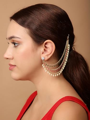 Shining Diva Fashion Latest Trendy Stylish Ear Chain Earrings for Women | Traditional 18k Gold Plated Wedding Party Jewellery | Bahubali Inspired Kan Chain Jhumki Earrings