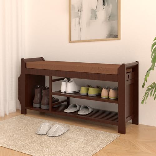 NURTUDIS Banco zapatero, taburete de almacenamiento de zapatos de bambú con cojín extraíble, estante organizador de zapatos de entrada de 2 niveles con cajón lateral y cesta para libros/paraguas para