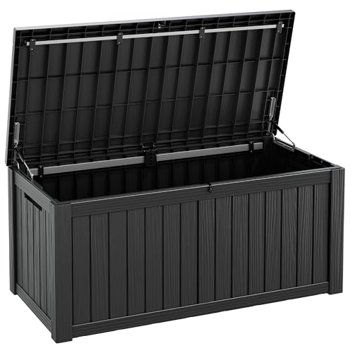 Fancyango 150 Gallon Outdoor Deck Box Waterproof Large Storage Box for Patio Resin Storage Bench Lockable for Garden Tools Package Delivery Black