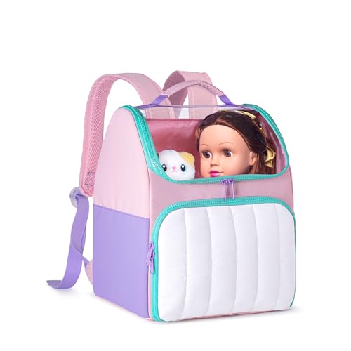 LoDrid 18 Inch Doll Carrying Backpack with Top Clear Window, Lightweight Puffy Storage Bag with Handle and Adjustable Straps, Travel Carrier Case for Dolls Clothes and Accessories, Pink, Bag Only