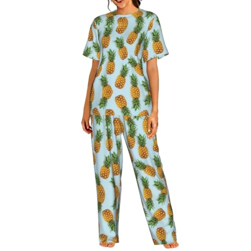 Image of Kycvds Pineapple. Printed Pj Set for Women 2 Piece, Round Neck Short Sleeve Top and Pants, Soft Sleepwear Set, Black, M