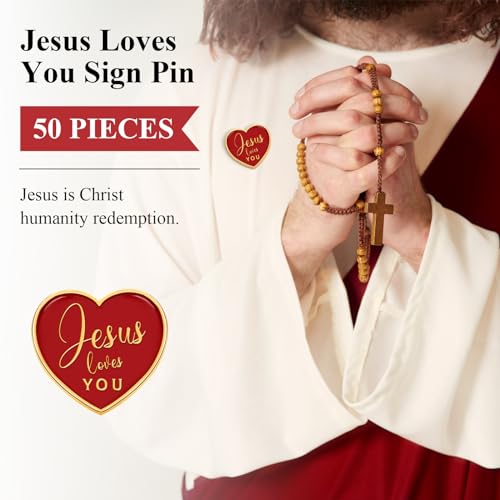 Image of Tondiamo 50 Pcs Christian Jesus Loves You Pins Bulk Vbs Gifts Religious Cristo Me Ama Lapel Pins Red Heart Brooches for Church Sunday School