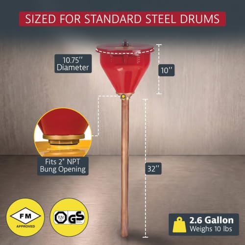 Image of Justrite Drum Funnel for Flammables, Self-Closing Cover, Red, Made in USA