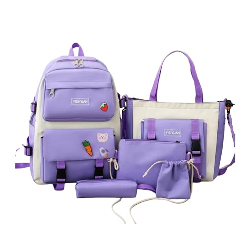 Trendy Purple 5-Piece School Backpack Set Featuring DIY Patches (Uses 