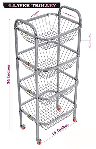 Image of Stainless steel kitchen Vegetable Basket Storage Trolley with 4 Wheel | Fruit Basket | Vegetable Basket | Onion Potato Rack for Kitchen | Vegetable Stand for Kitchen (34x14x12 10 MM)