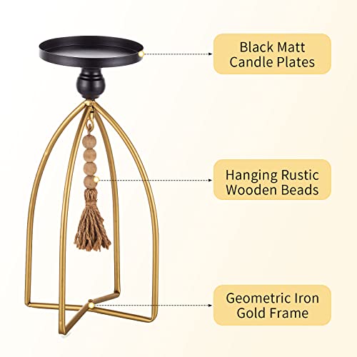 Romadedi Pillar Candle Holder Boho Decor - Set Of 2 Vintage Bead Candle Stand Decorative Black Gold Metal Farmhouse Rustic Table Centrepiece Living Room Mantle Shelf Home Deocoration #TOP3
