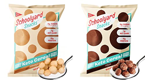 Schoolyard Snacks - Keto Cereal Low Carb, Zero Sugar - A Healthy High Protein Cereal Snack & Breakfast - The Perfect Keto Cereal with 100 calories, 13g protein, Grain Free - 24PK Cinnamon Bun & Cocoa