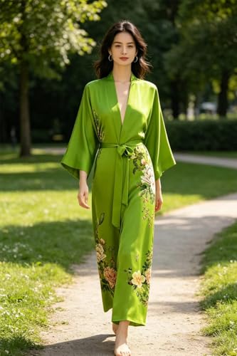 Image of Women's Classic 100% Silk Kimono Robe, Bathrobe-Printed Pattern
