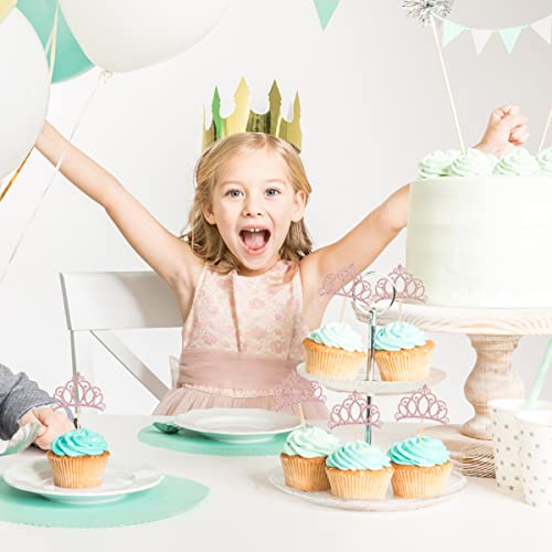 Donoter 24 Pieces Rose Gold Glitter Princess Crown Cupcake Toppers Cake Picks for Birthday Baby Shower Party Decorations - Thumbnail 3
