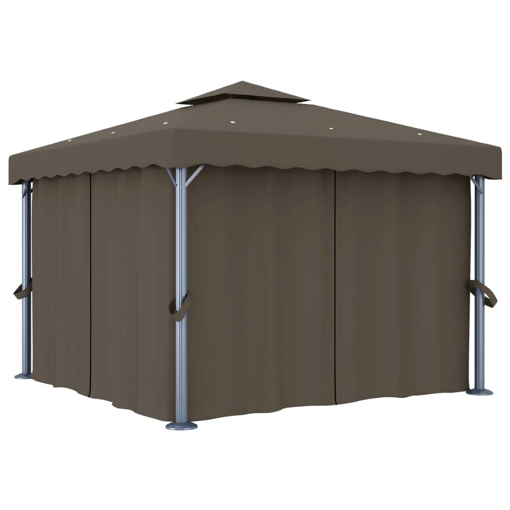 Pawilon 3 x 3 m z zasłonami i łańcuchem świetlnym LED, kolor taupe, aluminiowa rama stalowa, odporna na warunki atmosferyczne, składany, z ochroną przed promieniowaniem UV i moskitierą, do