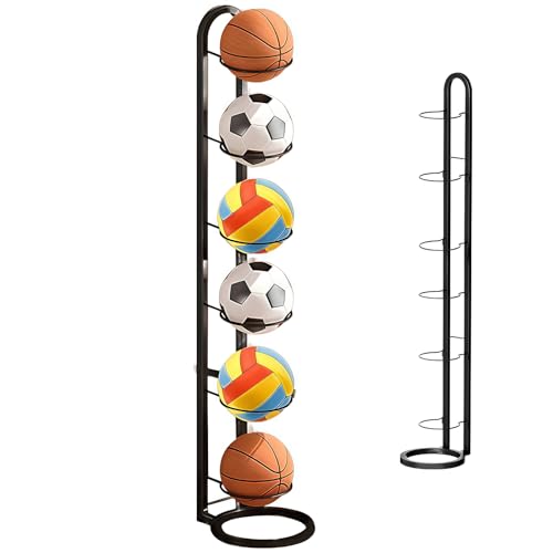 Jevervd 6-Tier Football Stand Heavy-Duty Ball Storage Stand Rack Metal Vertical Ball Holder Organizer for Volleyball Basketball Football Removable Design for Garage Bedroom Gym Outdoor Indoor