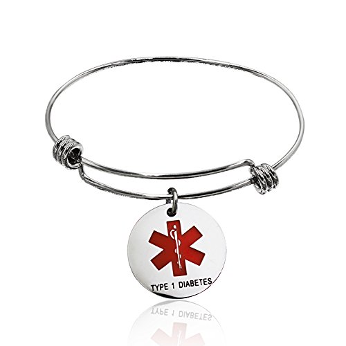 Comfybuy Stainless Steel Type 1 Diabetes Medical Alert ID Bracelet Adjustable Cuff Bangle for Men Women
