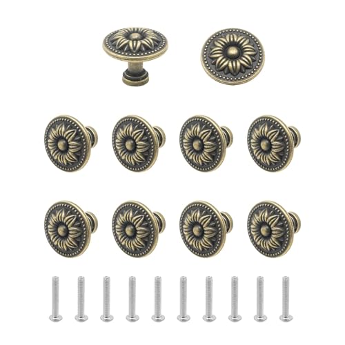 Manqyi 12 Piezas Pomo de Armario Redondo, 35mm Pomos para Muebles con Tornillos, Patrón de Flores Perillas de Gabinete, Tiradores Armarios Vintage Bronce, para Armarios, Ropero, Cajones, Muebles