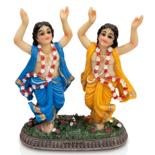 Image of Sri Sri Gaura Nitai Idol Marble Finish | Radha Krishna Gaura Nitai Murti for Home Temple | ISKCON Style Gaur Nitai Statue for Puja Room, Vastu & Spiritual Decor (6 Inch)