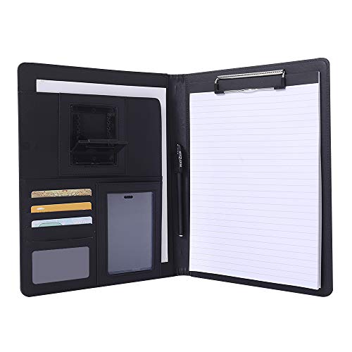 PortfolioLeather Padfolio Folder with Free Pen and A4 Notebook- Leather Business Portfolio with Clipboard Card Holder and PhoneTablet Holder Portfolio for BusinessSchoolOfficeConference Black