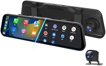 DOGBOO Mirror Dash Cam with Digital Mirror, Wireless, Carplay/Android Auto, 10-Inch IPS LCD, Touch Panel, 4K Recording, Sliding Camera, 2 Front and Rear Cameras, Portable Navigation, Car Navigation, Touch Panel, Equipped with HDR/WDR, Rear Camera Wiring, 16.9 ft 6 m, Google Map Display