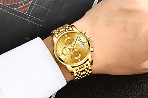 DREAMING Q&P Men's Watches Luxury Fashion Casual Dress Chronograph Waterproof Military Quartz Wristwatches for Men Stainless Steel Band Gold Black