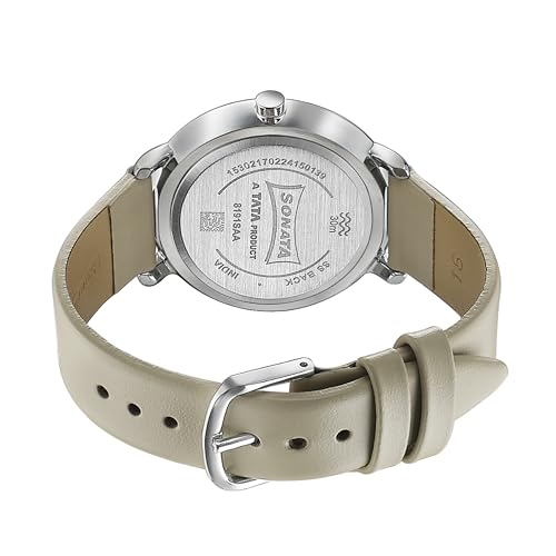 Image of Sonata Sleek Quartz Analog Pink Dial Beige Leather Strap Watch for Women-8191SL01