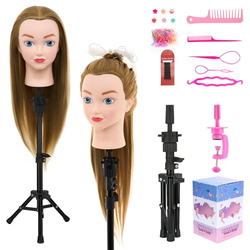 Mannequin Head with Hair with Tripod Stand - 20 Inch Cosmetology Manikin Doll Head for Hair Styling, Hairdressing Training Head for Braiding Practice for Kids