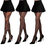 Wnzdp 3 Pairs Elasticity Patterned Tights, Black Lace Tights for Women, Lace Floral and Bow Design, High Waist Fashion for Cosplay and Parties