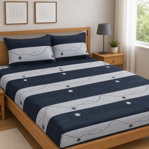 Image of Premium Cotton Fitted Bedsheet King Size 78 x 72 x 8 Inches with 2 Pillow Covers | 220 TC | All-Around Elastic Deep Pocket Bed Cover | Navy Blue Grey Wave Stripe
