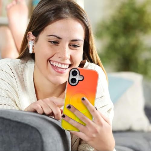Image of AIGOMARA Magnetic Case for iPhone 17, Compatible with Magsafe, Fluorescent Iridescent Case for Women Girls, Shockproof Translucent Matte Protective Cover 6.3 Inch 2025, Orange Yellow