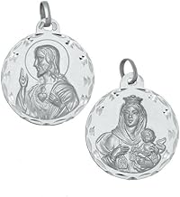 Minoplata Scapular Religious Medal, 925 Sterling Silver, Virgin of Carmen and Sacred Heart, Double Faced, 14 mm, Carved Finish
