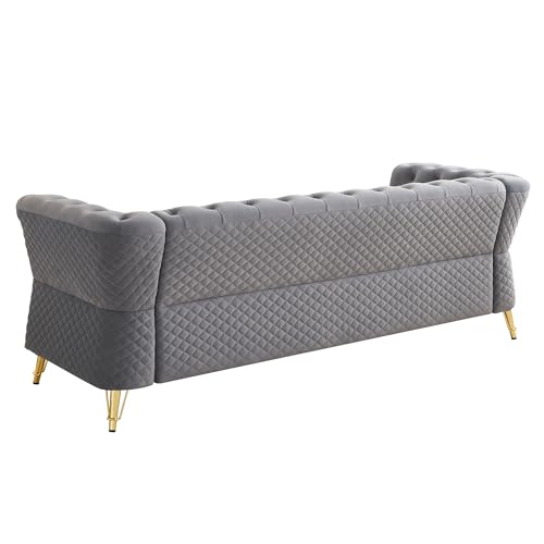 Image of KEIKI 87 inch Chesterfield Velvet Button Tufted Sofa with High Density Foam Cushions, Modern Style 3-Seater Couch with Gold Strip Trim Decoration, Easy Assembly, for Apartment, Living Room, Office, Grey