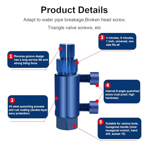 KSOPUERT Verbesserter verstellbarer Schraubenausdreher – Werkzeug zum Entfernen von umgekehrten Nuten, abisoliertes Wasserhahn-Entfernungswerkzeug für 1,27 cm (DN15), 1,9 cm (DN20), 1 Zoll (DN25