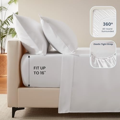 SLEEP ZONE Nanotex Super Soft Cooling Queen Bed Sheets Set 4 Piece - Easy Care Fitted Flat Sheet & Pillowcase Sets - Wrinkle Free, Fade Resistant, Deep Pocket 16" (White, Queen)
