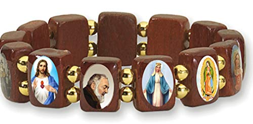 Catholica Shop Devotional Catholic Religious Wood Stretch Bracelets. Small and Large Panels with Assorted Images of Saints, Jesus and Mary. Unisex. Handcrafted in Brazil2