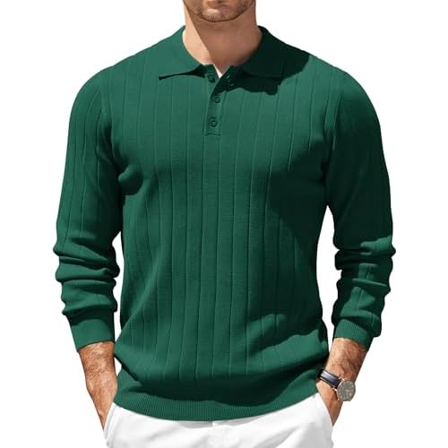COOFANDY Mens Knit Polo Sweater Long Sleeve Polos Lightweight Casual Dress Pullover Sweaters Small Dark Green