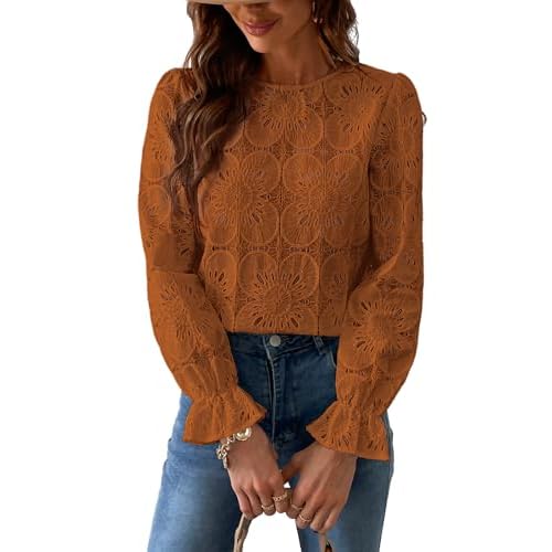 CUPSHE Women Eyelet Long Sleeve Tops Shirts Dressy Hollow Out Crochet Lace Embroidered Blouses 2025 Fashion X-Small Brick Red