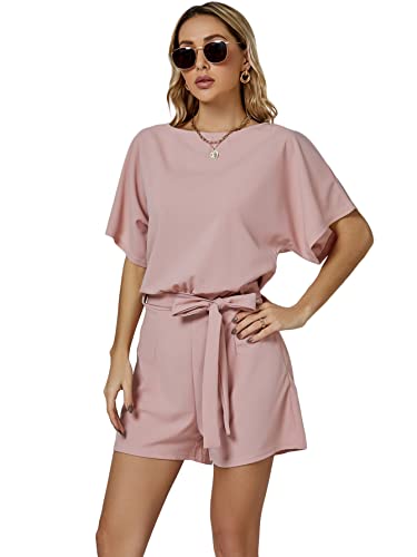 Umenlele Women’s Casual Crew Neck Tie Knot Waist Belted Short Sleeve Romper Jumpsuit Playsuit Light Pink Small #TOP2