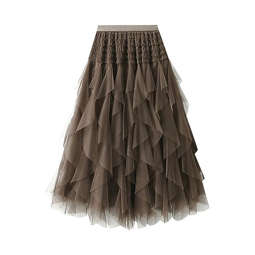 Women's Tulle Skirt A-Line Pleated Elastic High Waist Layered Mesh Ballet Prom Party Skirt Tutu Midi Skirts (Color : Dark Coffee C, Size : One Size)