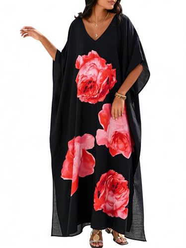 Image of Moss Rose Kaftan Dresses for Women Summer Swimsuit Cover up Caftan Dress | Moo Moos for Women, Batwing Sleeve, Plus Size Kaftan Dress, Maxi Caftan Beach Dress