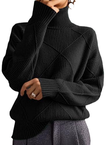 Women's Oversized Cable Knit Turtleneck Sweaters Argyle Diamond Pattern Chunky Pullover Cozy Warm Long Sleeve Winter Tops 2025 Fall Fashion Trendy Black