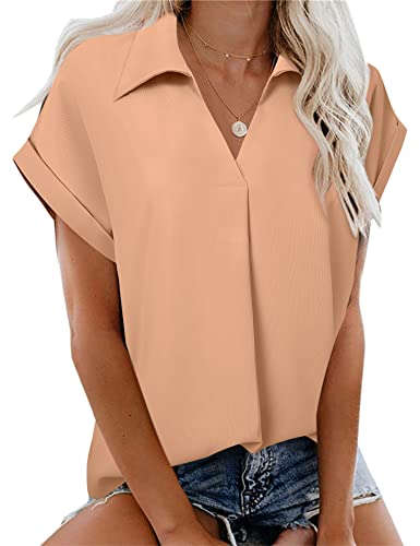 Gaharu Work Blouse Tunic Women Summer Casual Collared Top V Neckline Professional Blouses Loose Tunic Short Sleeve Tops Chiffon Shirts Going Out Orchid Bloom,Xxl #TOP27