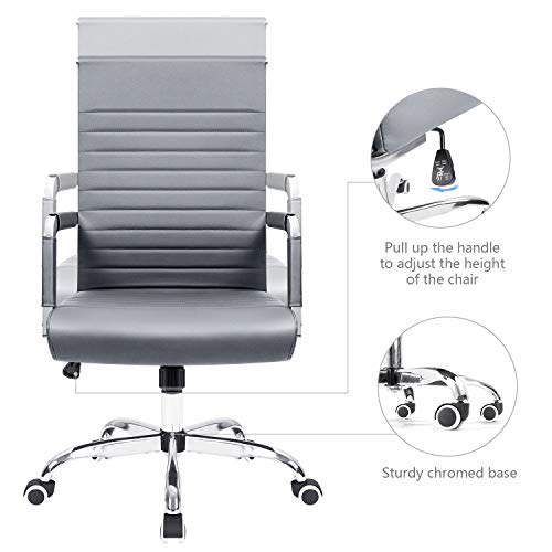 Kaimeng Ribbed Office Desk Mid Back Computer Chair Height Adjustable Conference Executive Task Swivel Pu Leather (Grey) #TOP4