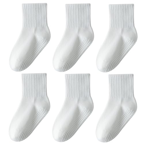 Wamvp Toddler Grip Socks with Non-Slip Unisex Baby Retro Stripe Seamless Crew Ankle Cotton Socks for Girls Boys 6 Pairs Pure White 3-5T