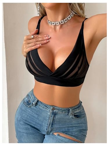 SOLY HUX Women's Deep V Neck Bralettes Mesh Sheer Adjustable Straps Wireless Bras4