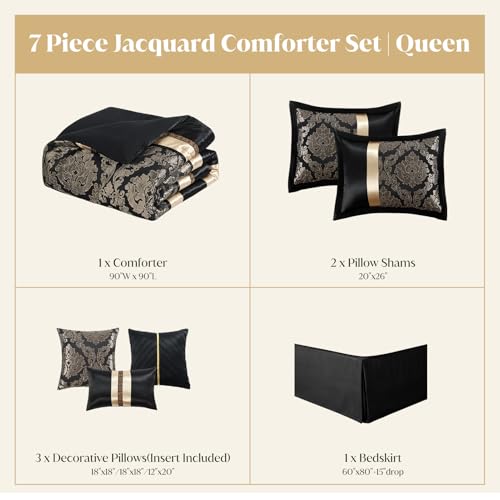 Image of CozyDH Black and Gold Jacquard Comforter Set Queen - 7 Piece Luxury Damask Medallion Patchwork Bed in a Bag, All Season Down Alternative Bedding with Bed Skirt, Shams, Decorative Pillows, 90x90 in