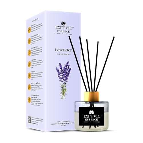 Image of Lavender Reed Diffuser Set by Tattvic Essence | 6 Fiber Reed Sticks Free | Stress Relief & Aromatherapy | Long-Lasting, Smoke-Free Air Freshener for Home, Bedroom & Office | Ideal for Gifting | 120ml