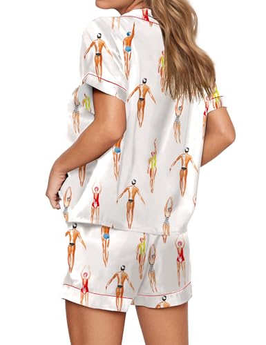 Image of SHESHOW Pajamas for Women Set Satin Button Down Short Sleeve Top and Shorts Pjs Sets Sport Ball Print Sleepwear XS-XXL